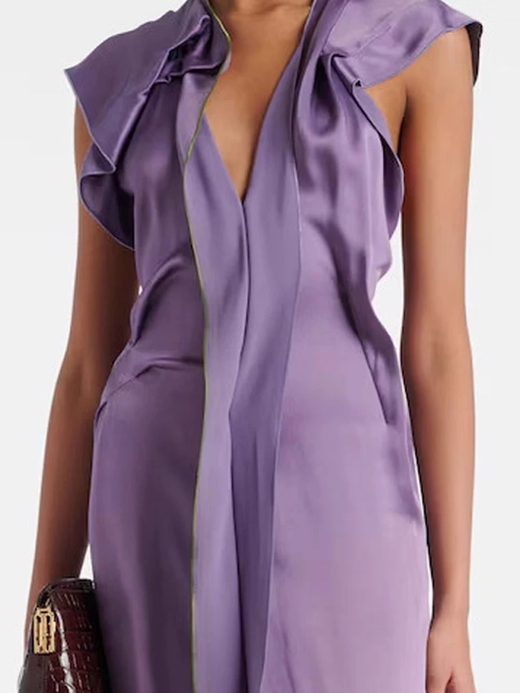 Sexy cintura alta drapeado vestido longo elegante com decote em v sem mangas cetim roxo vestido moda feminina simples cor sólida vestido de festa