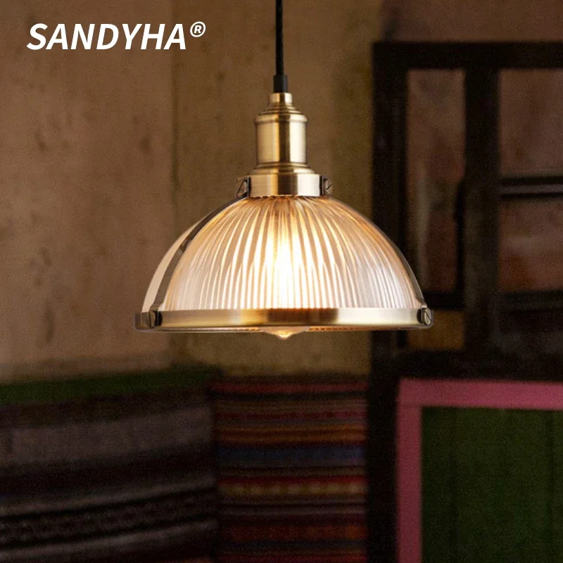 SANDYHA Semi Circular Glass Pendant Lights Retro Industrial Style Hanging Chandelier for Living Room Decor Dining Table Lighting