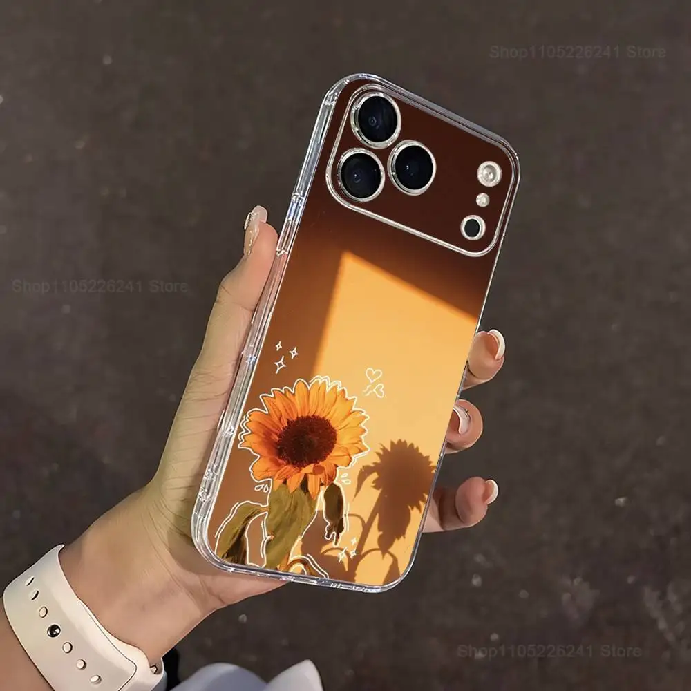 Botanische kunst zonnebloem voor iPhone 16,13,12,11,17,14,15,Pro,Max,Plus,X,XS,XR,SE,Mini transparant zacht siliconen hoesje