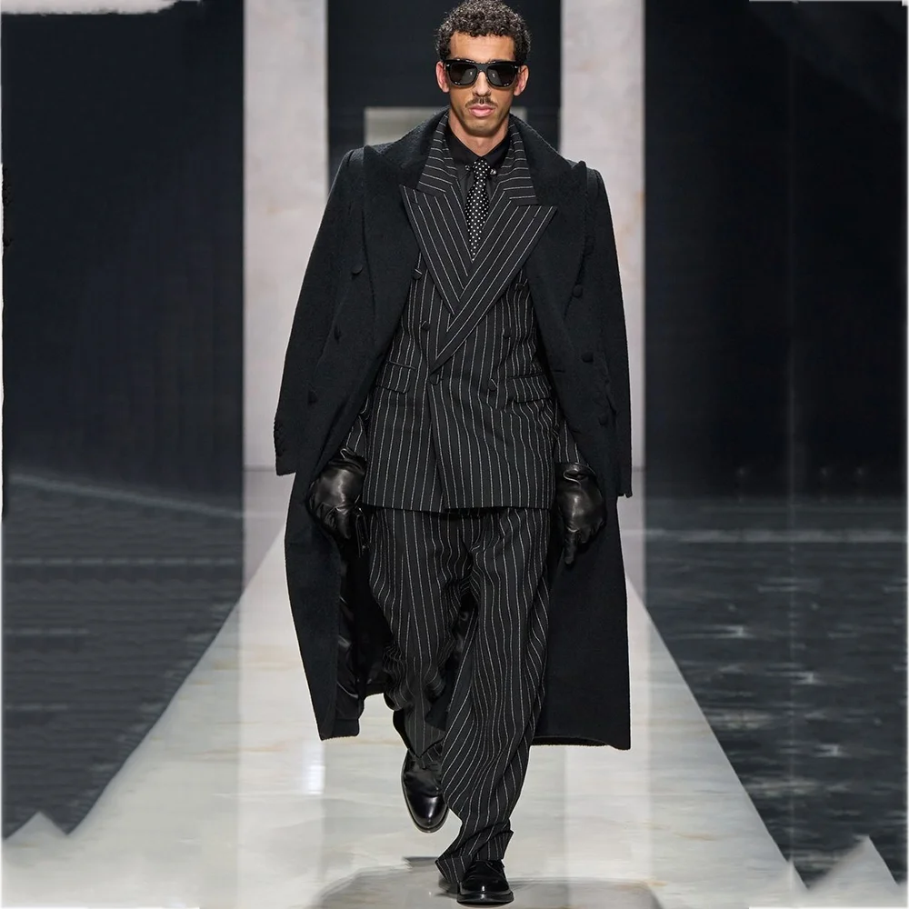 Fashion Oversized Men's Suit 3 Pieces Peak Lapel Wide Leg Loose Outfit Retro Casual Party Daily Set(Long Coat+Jacket+Pants)