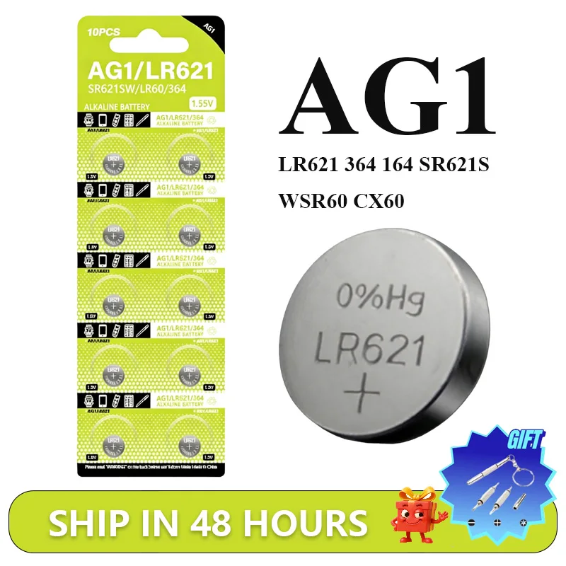 

AG1 364 SR621SW Watch Battery 164 363 V364 LR621 1.55V Long-Lasting Zn-MnO₂ Battery Button Cell for Toy Remote Calculator Carded
