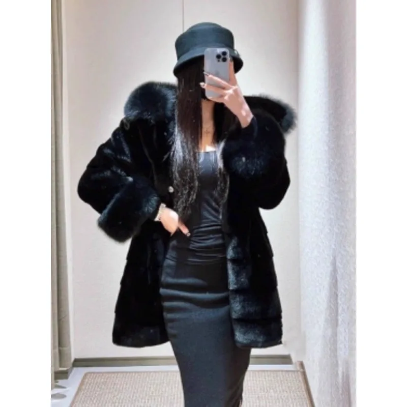 Eco-Friendly Mink Fur Coat for Women New Winter Warm Faux Fur Jacket Hood Faux Fox Fur Collar High Quality Fluffy Soft Coats