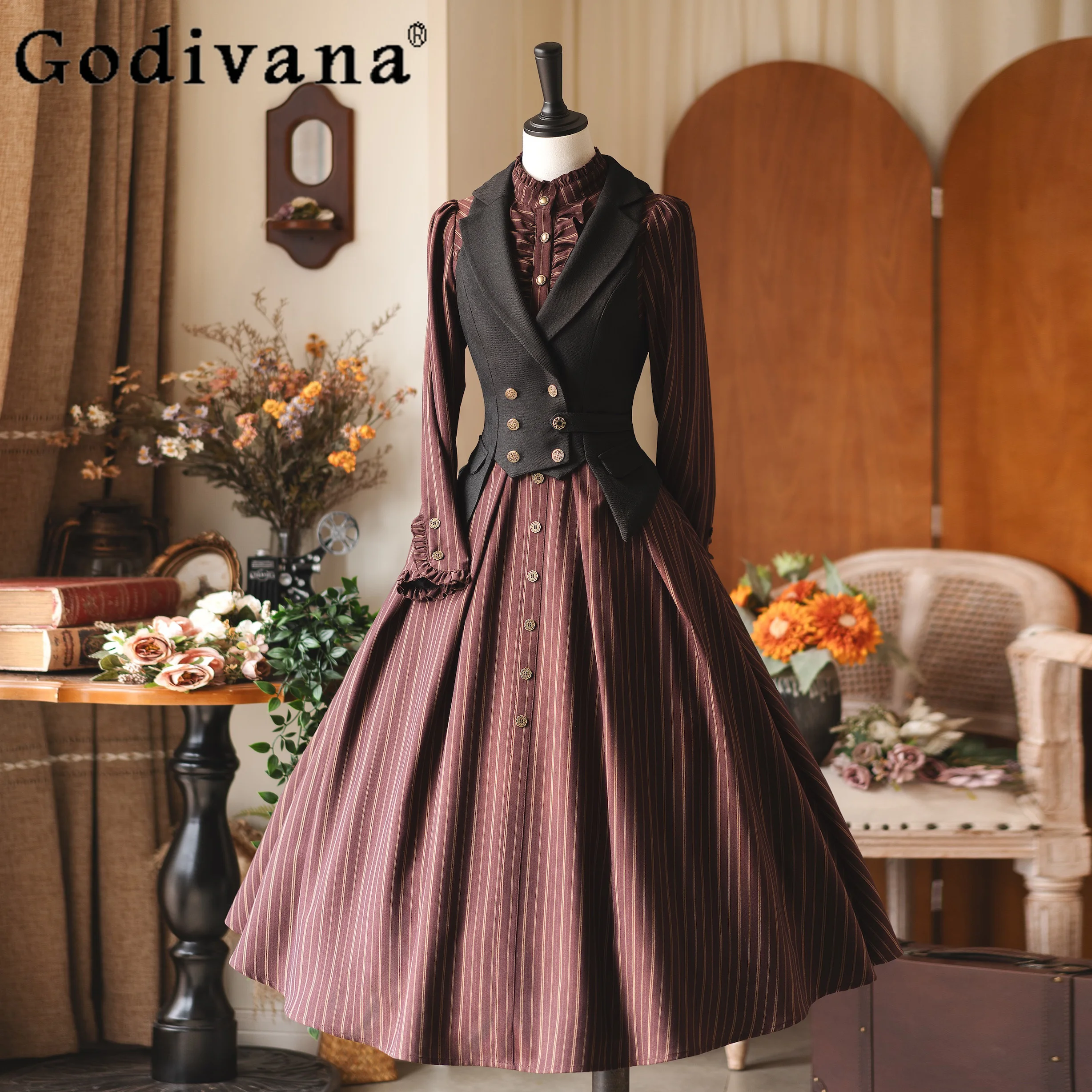 

Vestidos Ladies Lolita Vintage Long Dress OP for Women British Style Slim Fit Elegant Lolita Long Sleeve Dress Vest 2-Piece Set