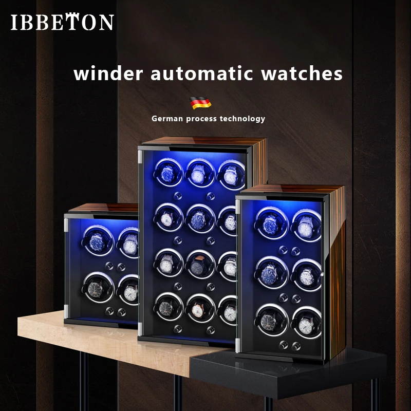 IBBETON 2/3/4/6/9 slots Watch winding case LED silent motor mechanical automatic winding watch storage box household