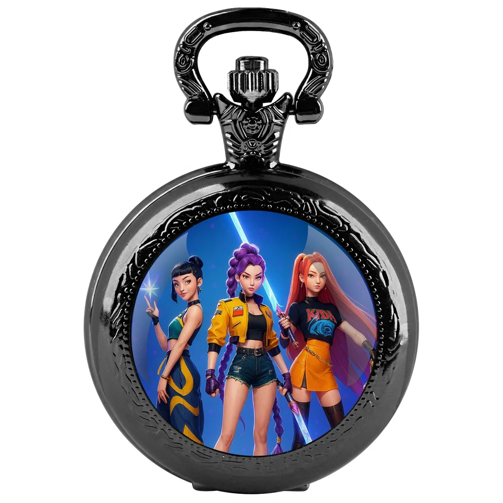 K-Pop: Demon Hunters Glass-Dome Quartz Pocket Watch Arabic Dial Chain Spooky Halloween Gift for All