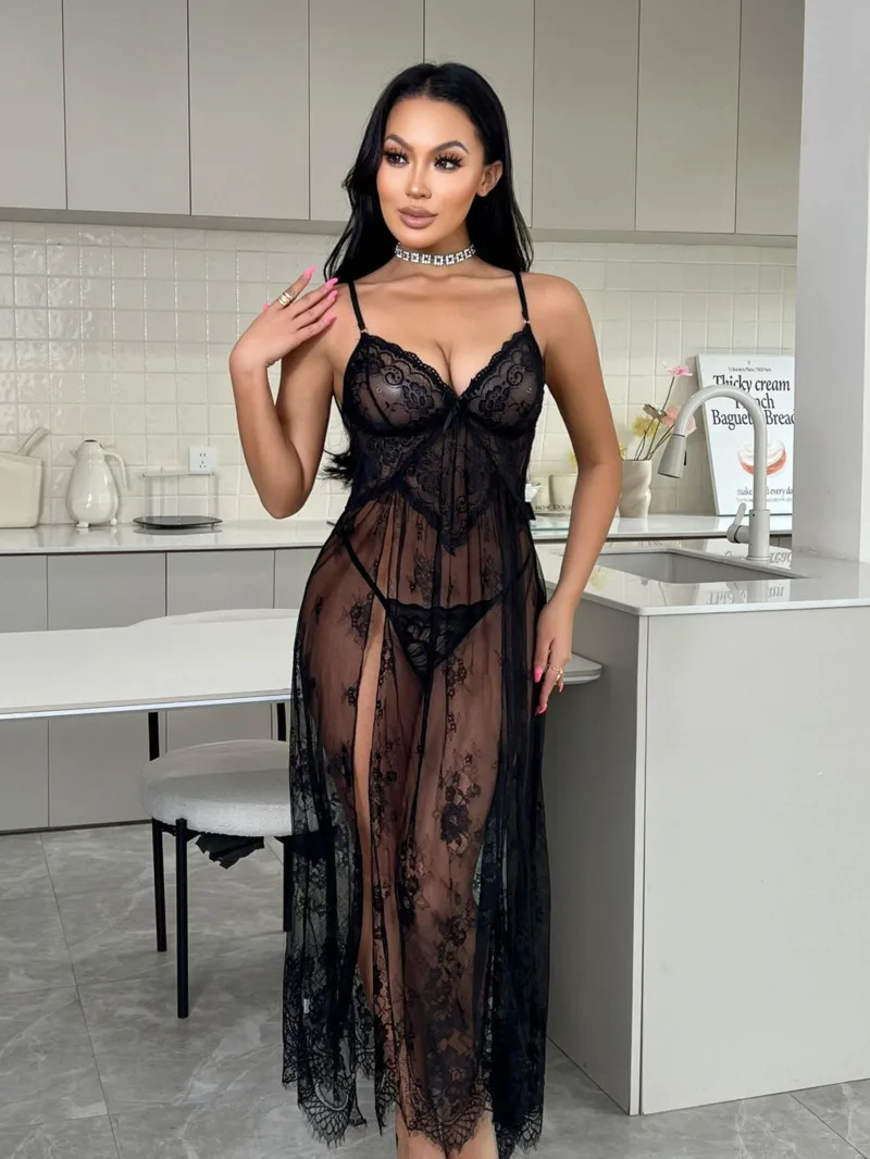 Nuevo vestido Sexy de malla de encaje transparente elegante vestido de pijama con bordado de flores sin espalda tirantes en V profundo vestido sin mangas encantador H0CM