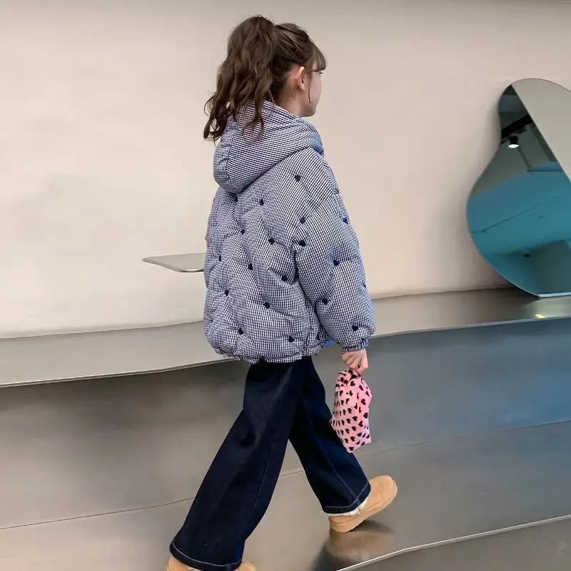 Girl New Style Winter Thickened Warm Cotton Padded Plaid Coat for Kids Youth Large Size Fashionable Comfortable Chic Outerwear
