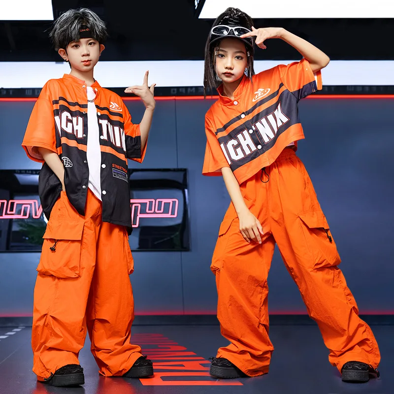 Chidren Summer Girls costume hip hop costume long sleeve jacket orange polyester pants 2 piece set for boys and girls biker cost