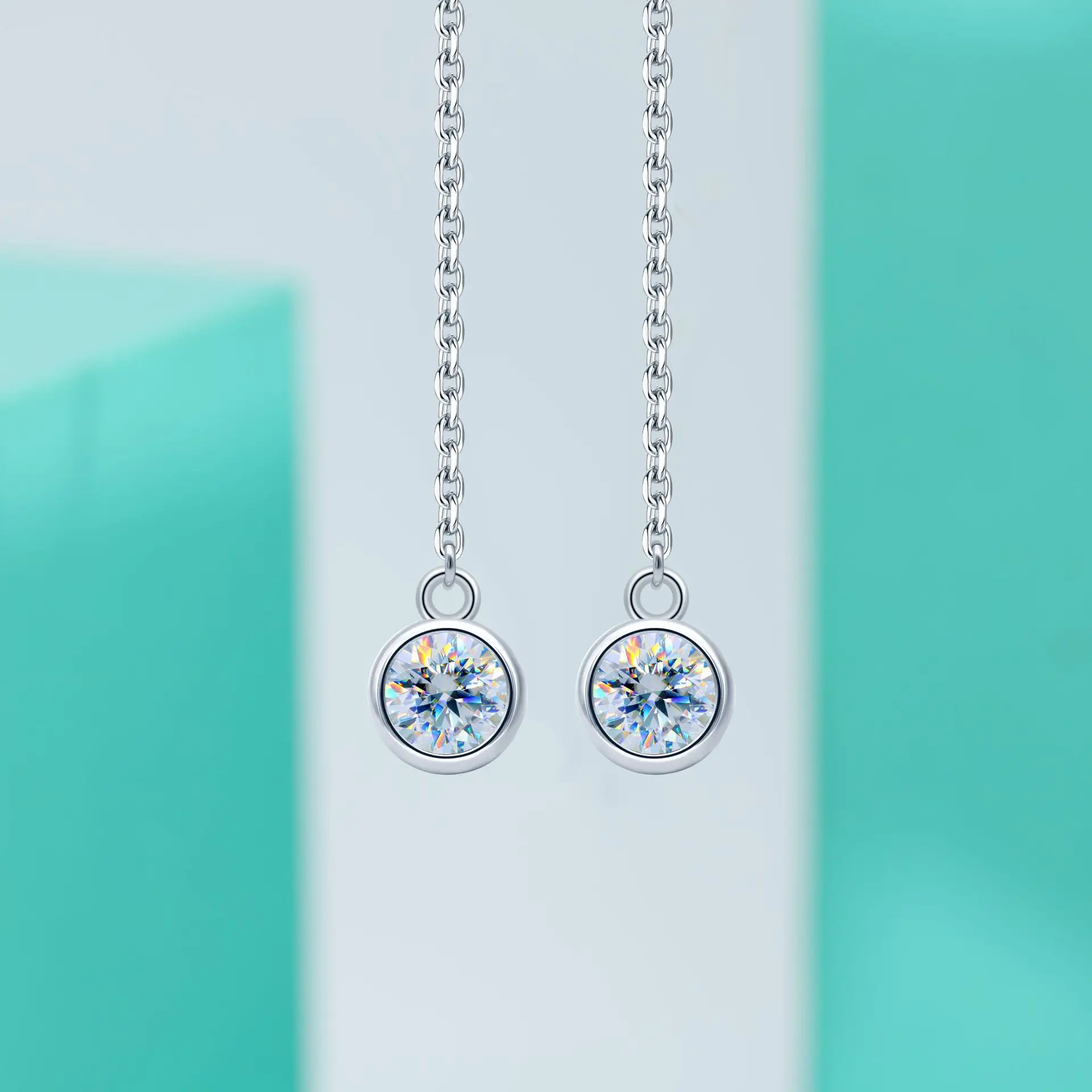 

Platinum 950 Delicate and Exquisite Small Earrings Simple Round Bubble-Shaped Moissanite Long Fringe Studs