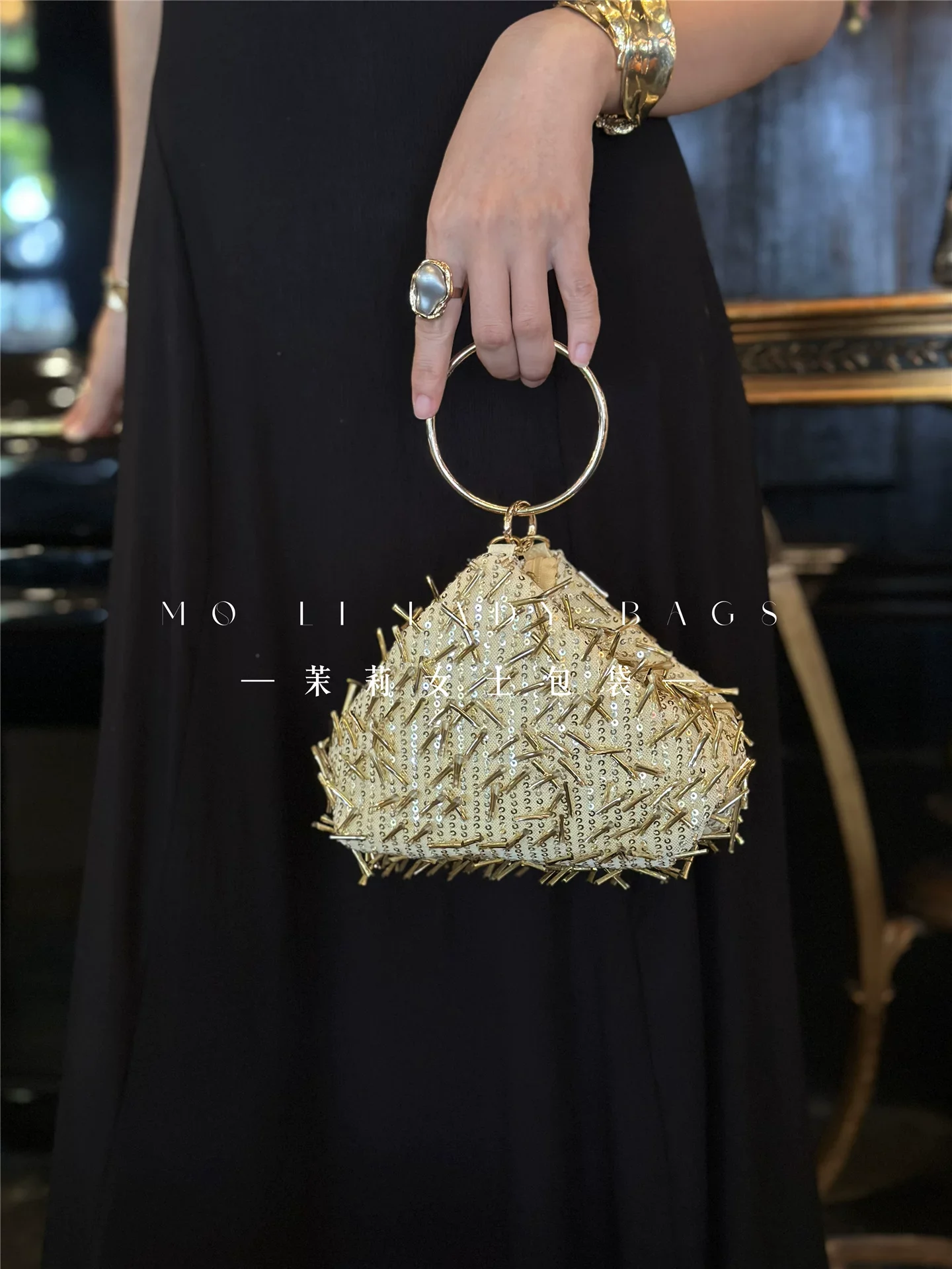Fashion Glitter Sequins Hobo Bag Luxury Exquisite Metal Ring Women Handbag Wedding Party Banquet Clutch Purse Shoulder Bag