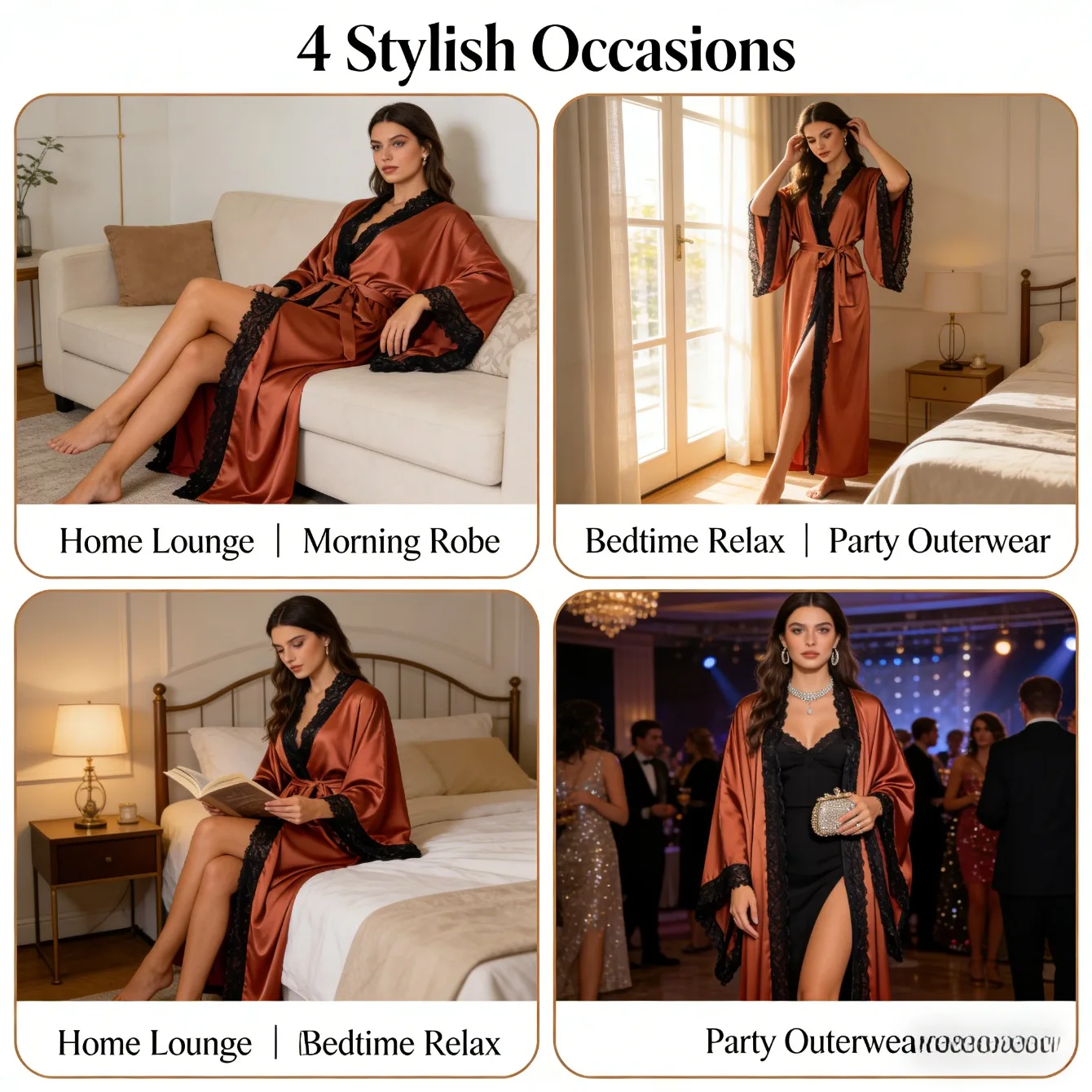 

New European - American Women's Loungewear Satin Lace Long - Sleeve Robe Cool Feeling Luxurious Outdoor - Wearable Bathrobe
