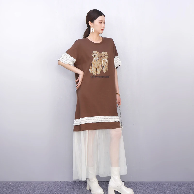 2025 sommer Neue Elegante Frauen Lose Oansatz Mesh Gedruckt T-shirts Lange Kleider Damen Kurzarm Kleid Großhandel J1228