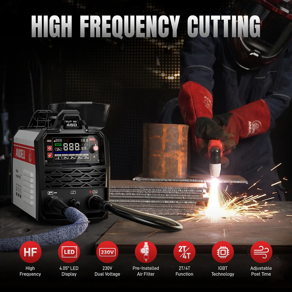 ANDELI Plasma Cutter 45A HF Contact Cutting 2T/4T Inverter Plasma Cutting Machine for Stainless Steel Aluminum Metal Cutting