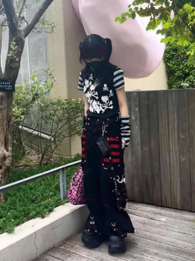 Primavera y verano japonés Punk Rock 90s subcultura Retro calle nicho diseño contraste cadena de colores monos rectos mujeres