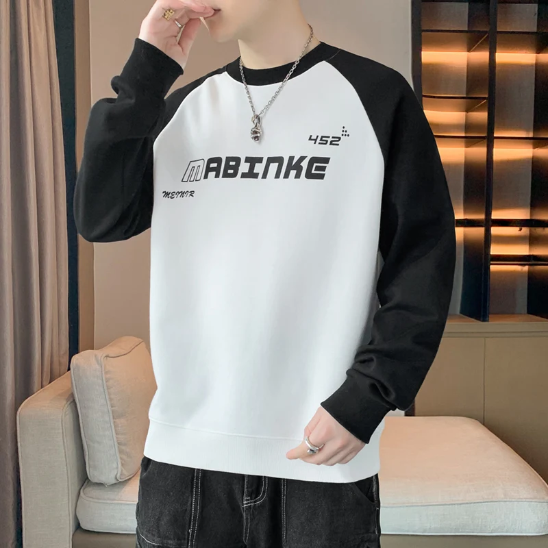 Men's Clothing 2023 Autumn and Winter New Simplicity Letter Print Fashion Solid Color Round Neck Long Sleeved Commuting Pullover