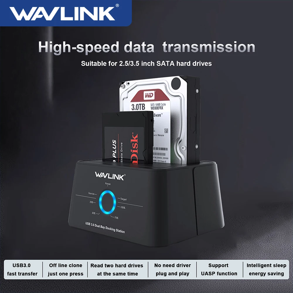 Wavlink-estación de acoplamiento HDD, carcasa de disco duro Sata a USB 3,0, adaptador UASP para 2,5, 3,5, carcasa de disco SSD, base de caja HD
