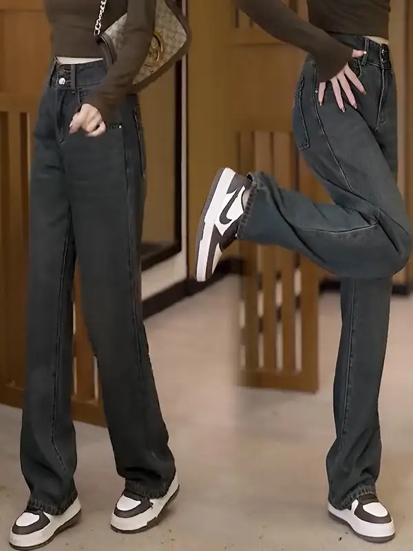 กางเกงยีนส์ทรงตรงเอวสูงสไตล์เรโทรสำหรับผู้หญิง รุ่นใหม่ปี 2025 ทรงหลวมขากว้าง ช่วยให้ดูผอม สไตล์ลำลอง เหมาะสำหรับฤดูใบไม้ร่วง