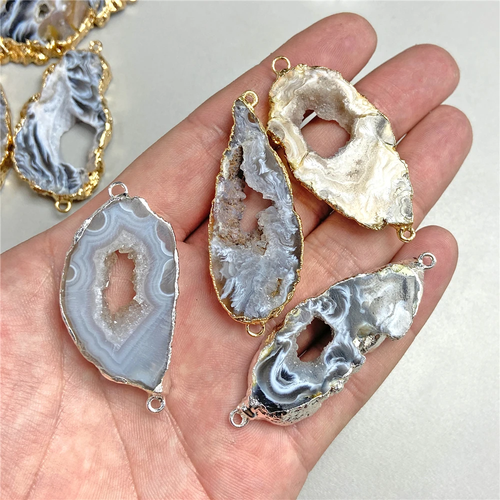 Natural Druzy Agates Necklace Pendant Irregular Black White Natural Stone Quartz Connector Pendant Charms for Jewelry Making