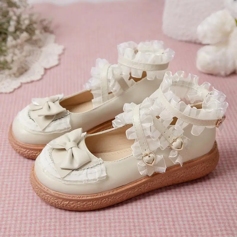 35-43 Sweet Lolita Platform Shoes Ruffle Lace Bow Mary Jane Shoes Round Toe Ankle Strap PU Leather Cosplay Daily Dress Shoes