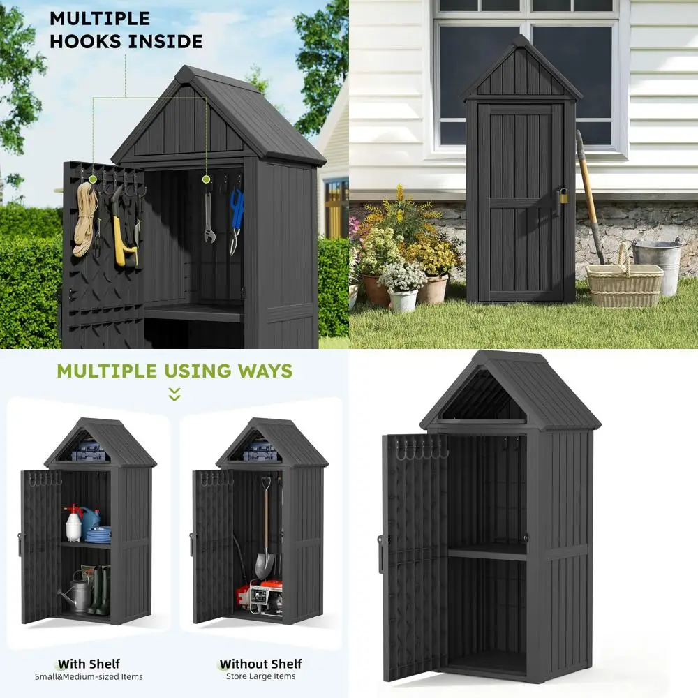 

Portable Waterproof Outdoor Storage Cabinet with Removable Shelves and Hooks for Patio, Balcony, and Garden Tools Organizer, Bla