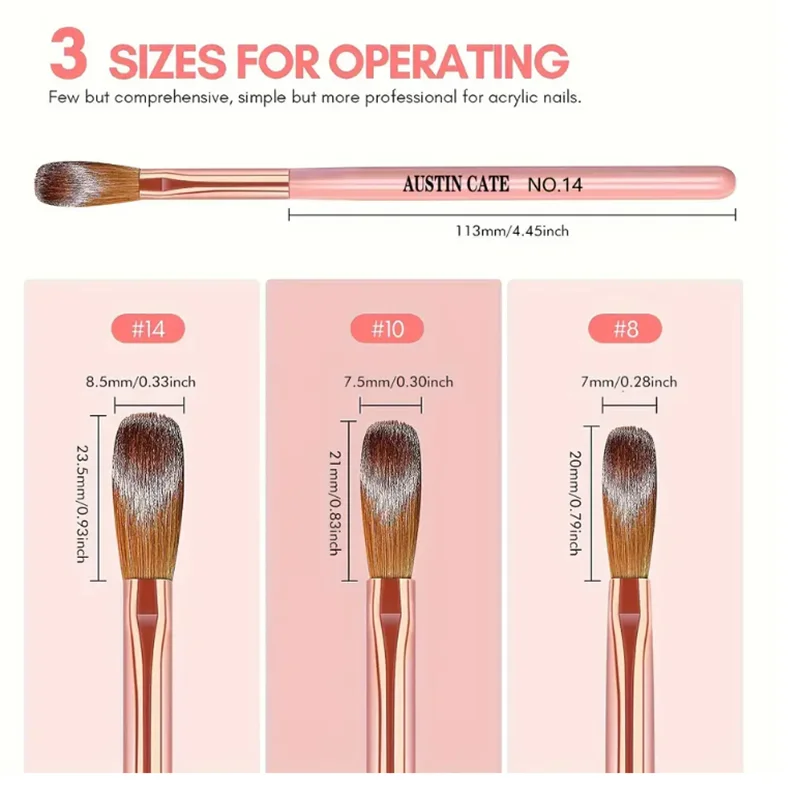 3pcs Pink Handle Acrylic Nail Brushes Professional Crystal Powder Extension Carving Tool 8/10/14 Beginner Manicure Salon Brush
