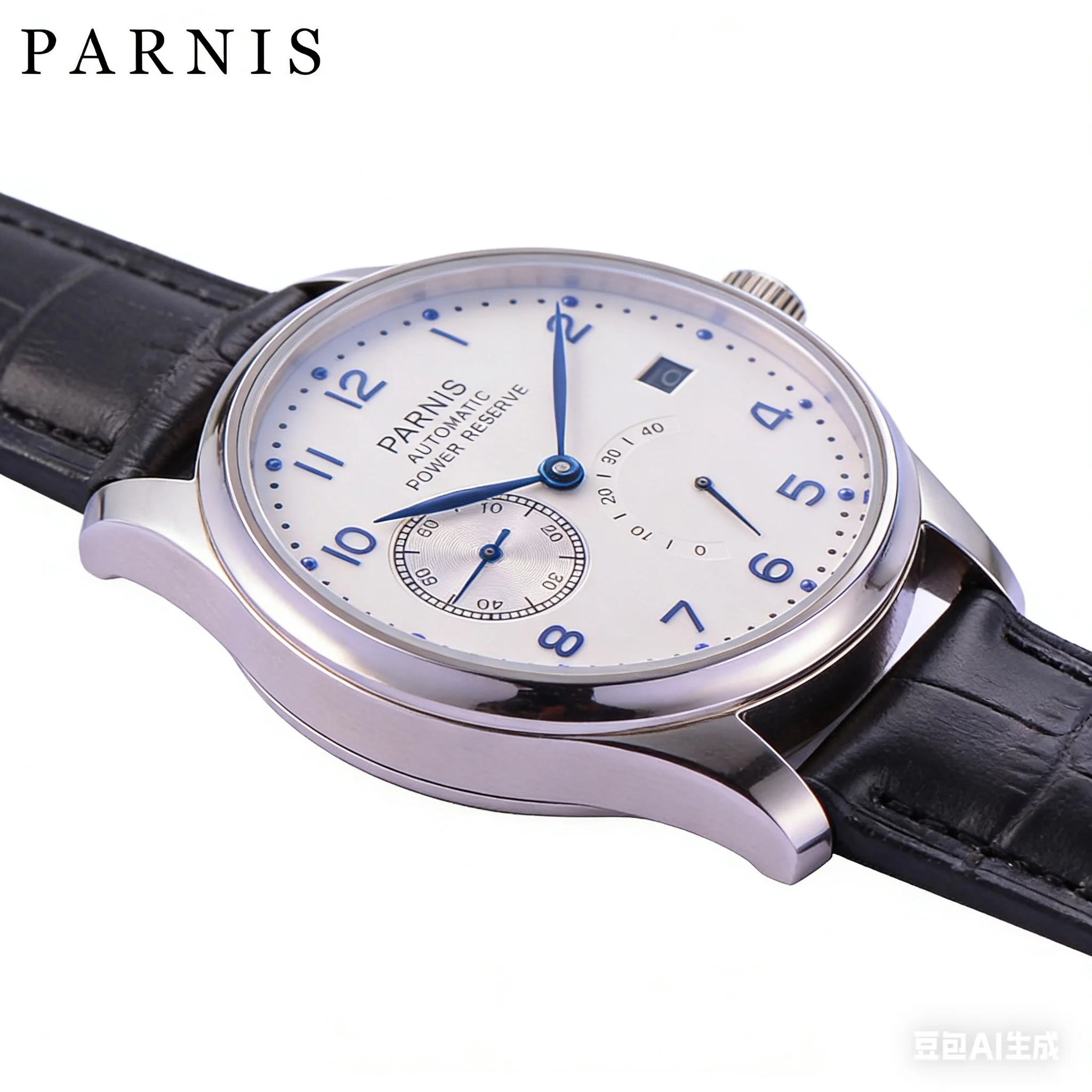 Parnis 43mm White Dial Mechanical Watches Men Power Reserve Calendar Waterproof Automatic Watch Leather Strap Relogio Masculino