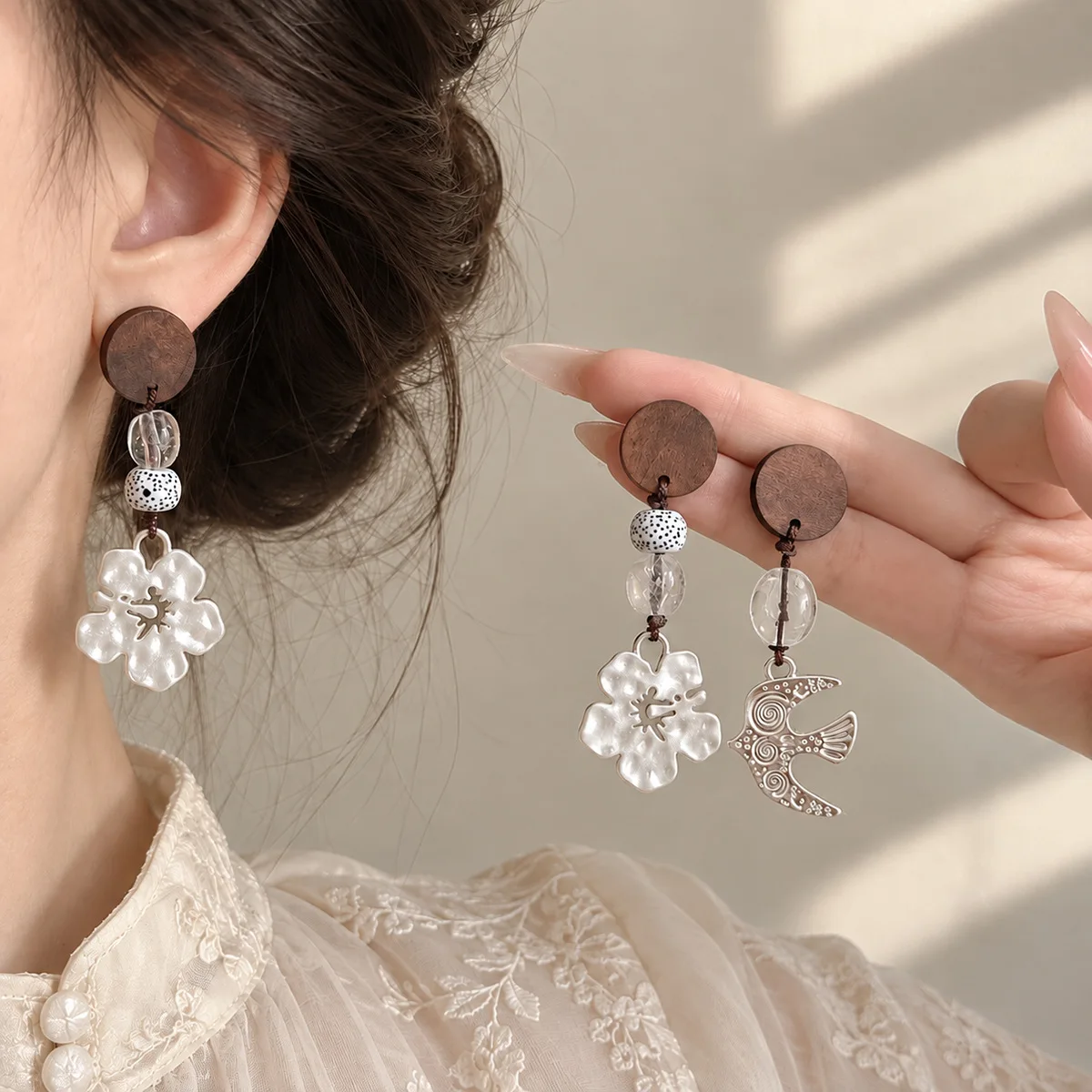 Earrings Wooden Bead Flower Bird New Chinese Ethnic Retro Unique Pretty Women Lightweight Daily Party Accessory