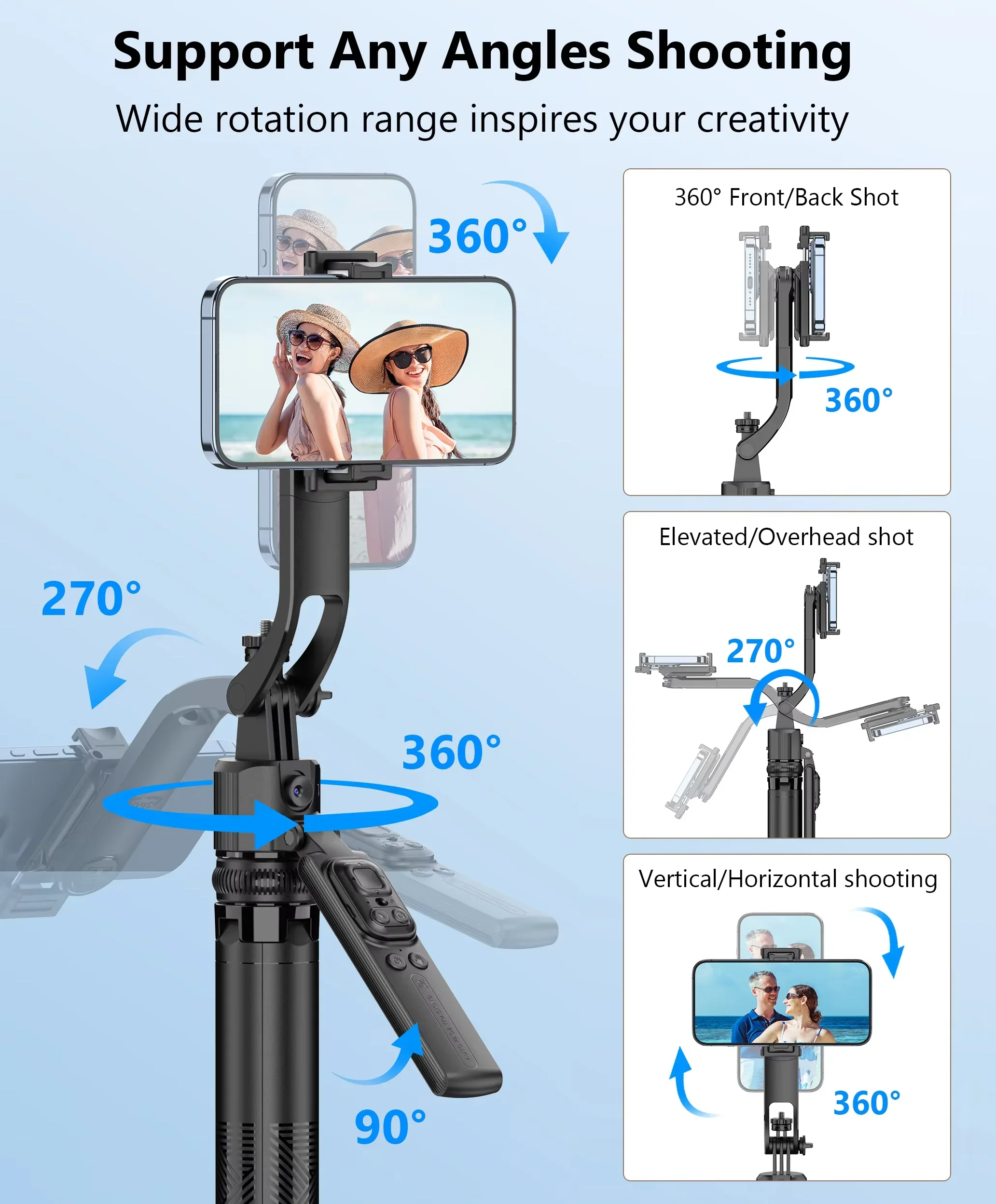 Auto Track Shoot Gimbals Selfie Stick Tripod Phone Holder Extendable Quadrapod 1/4'' Screw for Mobile Phone GoPro Acrion Camera