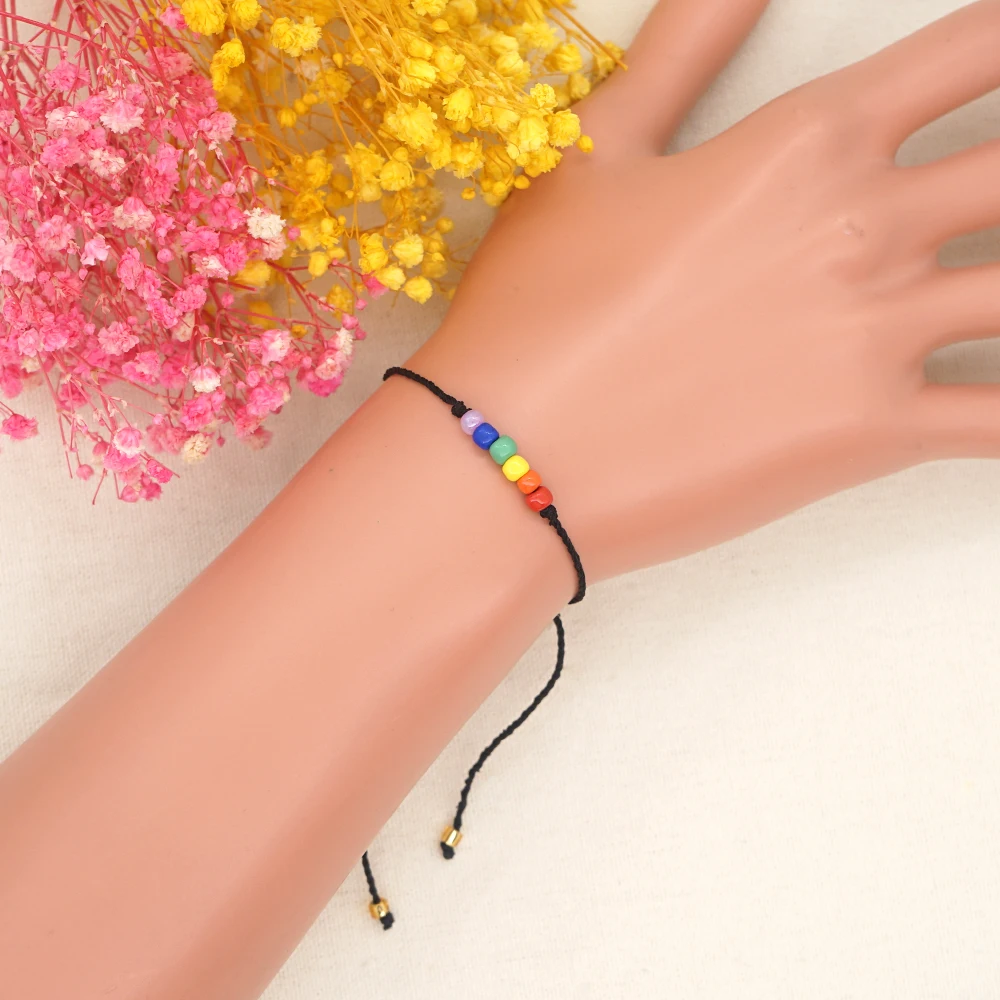 Go2Boho Rainbow Beads Black String Friendship Beaded Bracelet Surf Boho Jewelry Gift For Lover Friend Family Kids