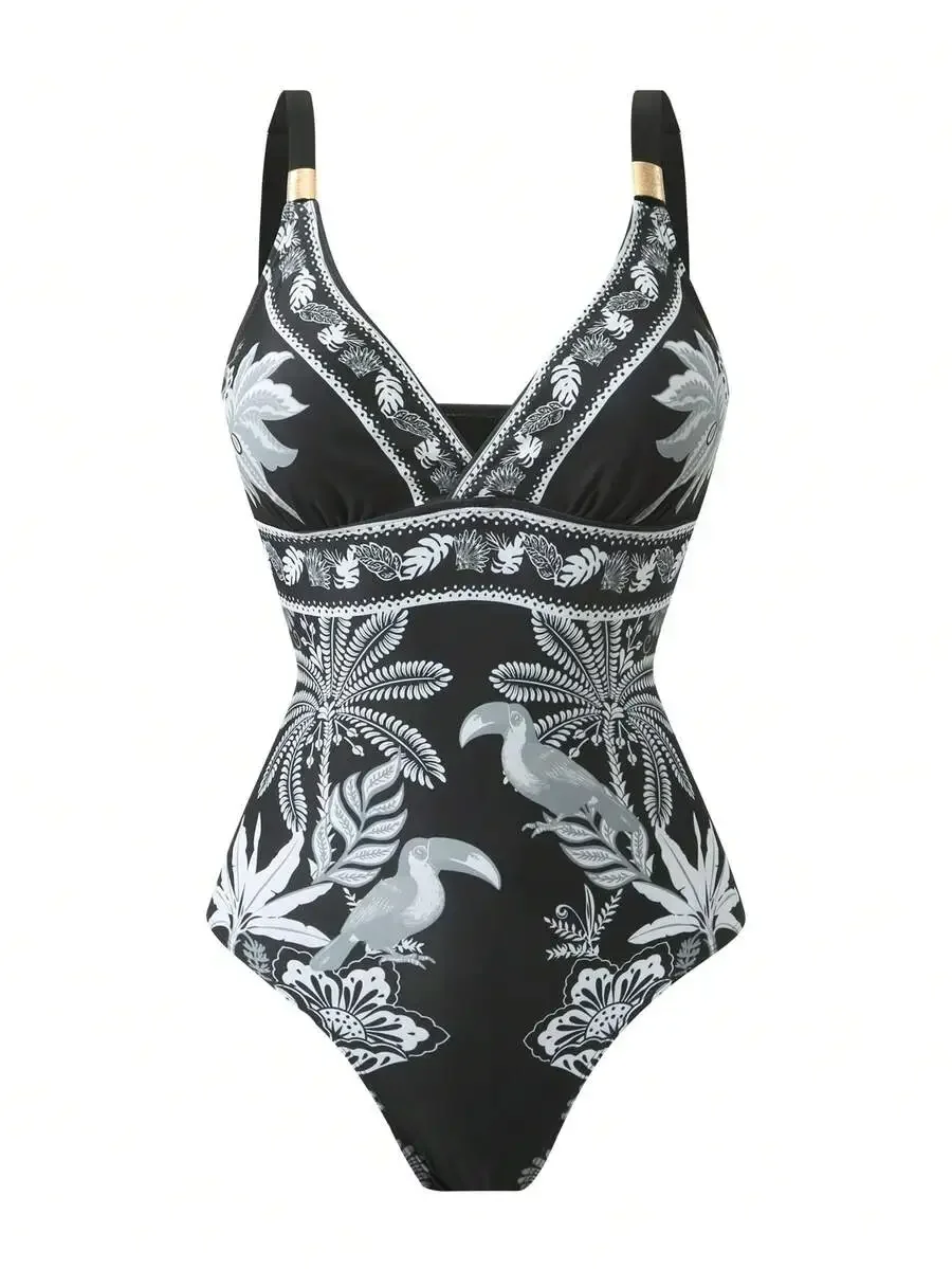 

Women Printed One Piece Swimsuit With Tropical Toucan Pattern Beach Resort Swimwear