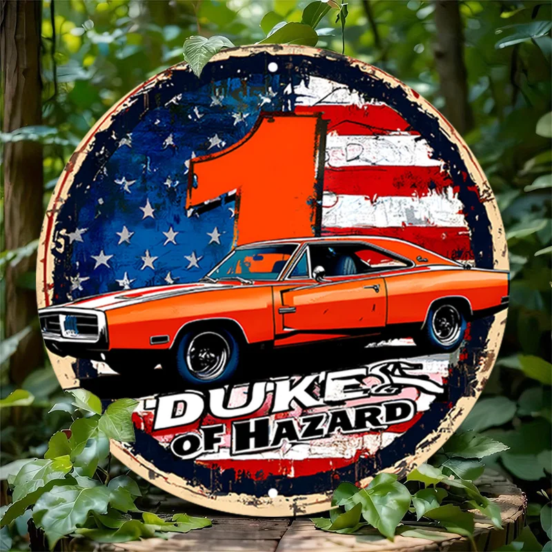 1 Stück Duke of Hazard Vintage-Aluminiumschild, Retro-Stil, Auto-Metallwandkunst, 7,8 Zoll rund, vorgebohrt, wetterbeständig, mit Mysti