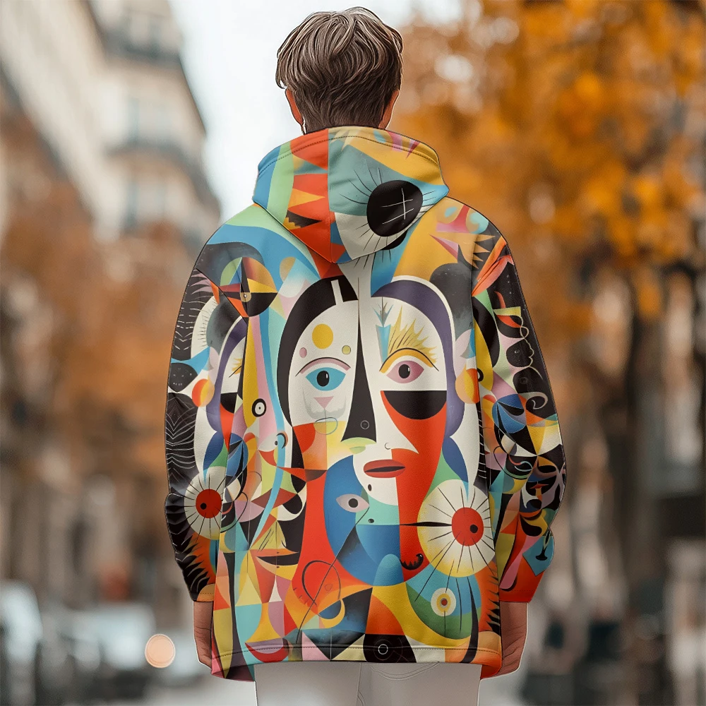 Man winter clothing, New in Down Coats, Abstract face style graffiti cotton-padded jacket clothing, feather print pocket zipper