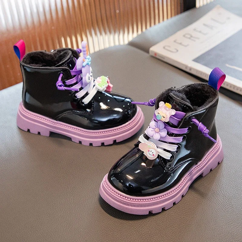 Cute Girls Boots Winter Children Plush Sneaker Kids High Top Shoes Black Cotton Warm Snow Short Boots for Girl 4 To 12 Years