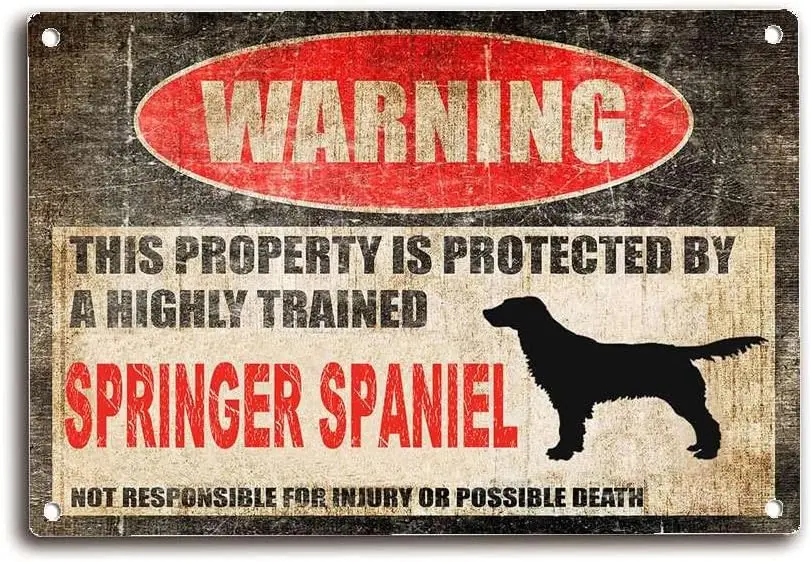 ELIPOS Tin Sign Beware of Dog Signs Fence Springer Spaniel Sign This Property is Protected Funny Metal Tin Sign Home Gate Garden