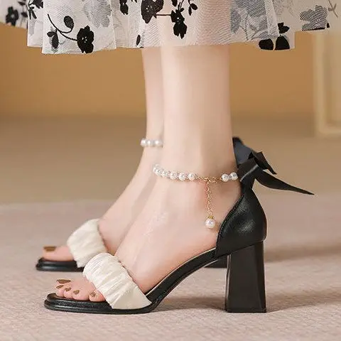 Sandalo femminile 2023 tacchi a blocco da donna scarpe da donna cinturino con fibbia estiva ragazze New Chunky Comfort High Pearl Fashion Beige Clear