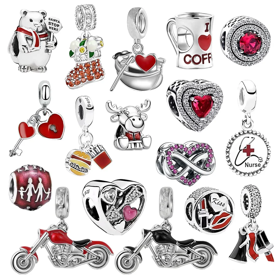 Sparkling Red Levelled Heart，Gondola，Motorcycle Trinket Dangle Charm Bead Fit Original 925 Sterling Silve Bracelet Women Jewelry