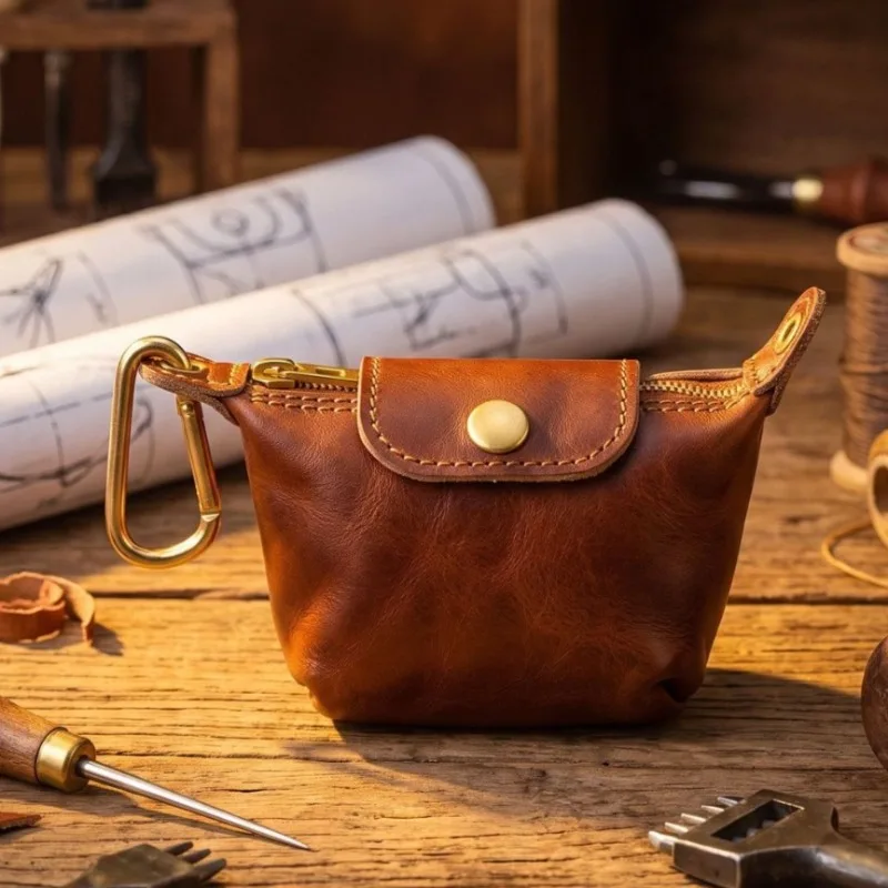 Men Vintage Genuine Leather Coin Purse Magnetic Snap Closure Retro Wrinkled Leather Mini Pouch for Makeup Coins Keys Small Items