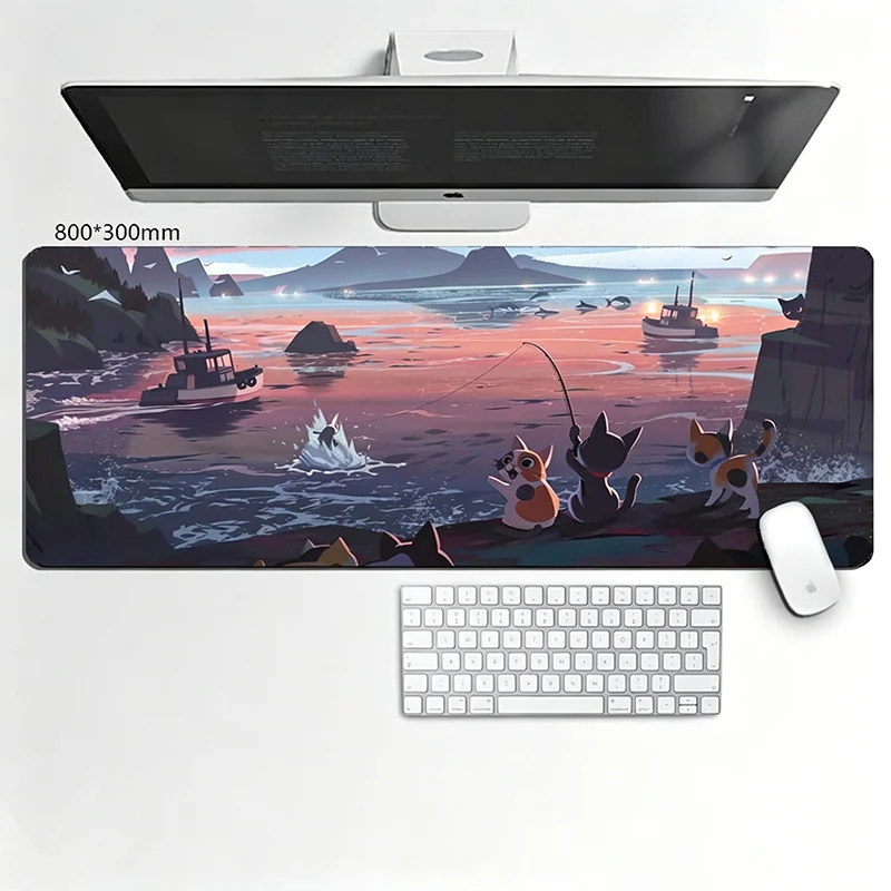 

Rubber Non-Slip Stitched Edge Cartoon Cat Fishing Extended Desk Mat, Large Gaming Mouse Pad 800x300mm