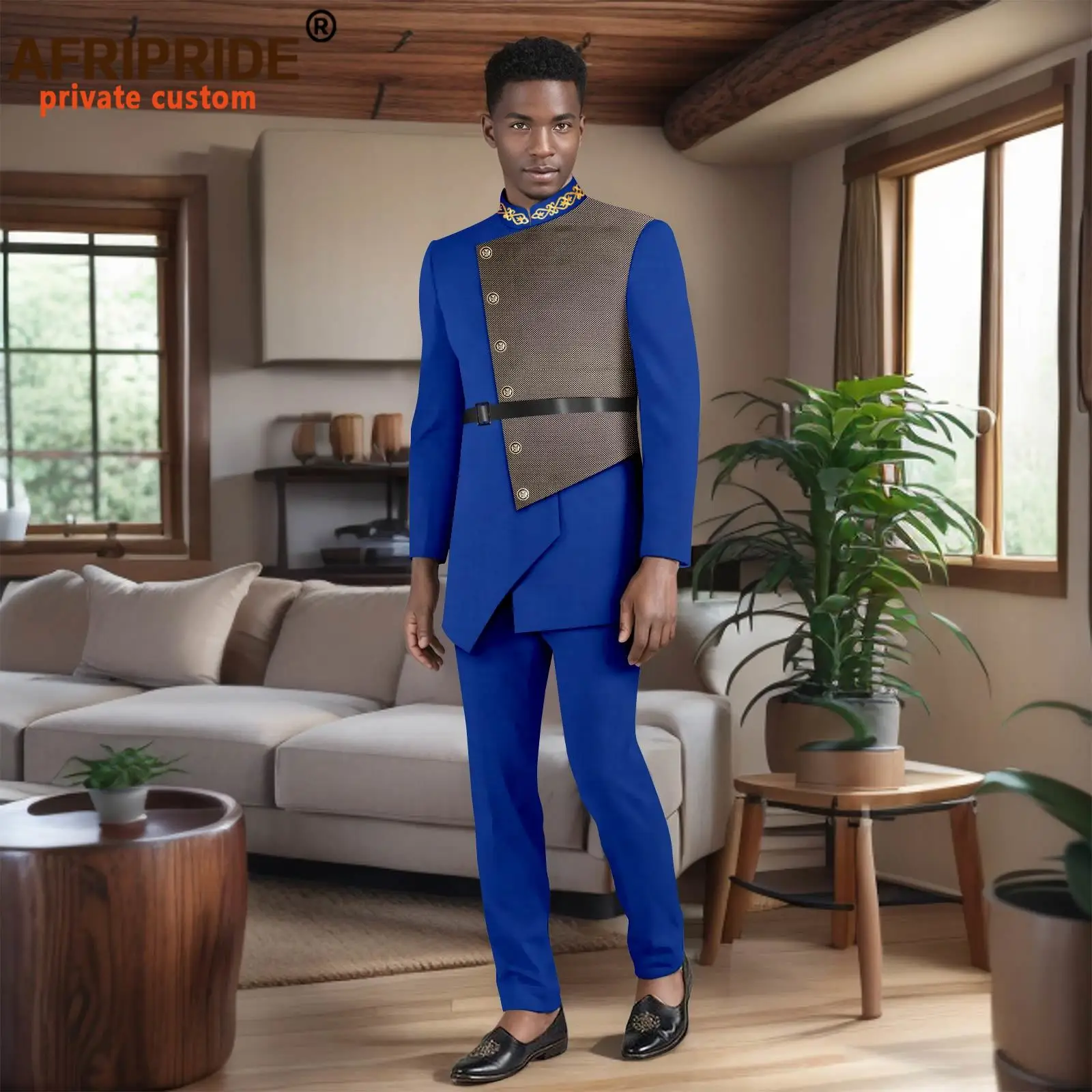 African Suits for Men Single Breasted Dashiki Jackets and Pants 2 Piece Set Dashiki Clothes Formal Outfits with Belt 2516007