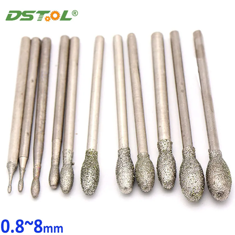 

10Pcs 2.35mm Shank Oval Diamond Grinding Head Burrs Bits Jade Stone Carving Polishing Engraving Tool Dremel Accesories 0.8~8mm