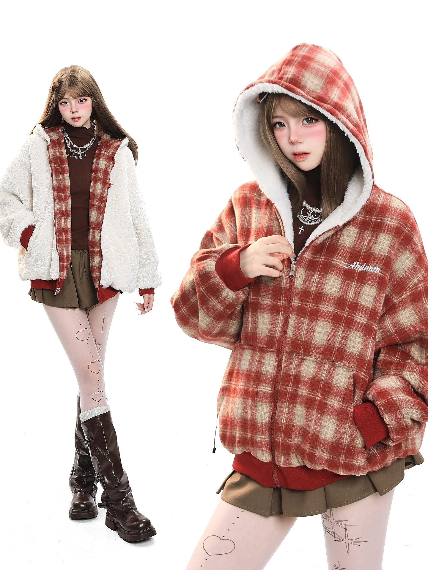 

Korean Retro Plaid Double-Sided Wear Hooded Cotton Jaet Women Winter New Loose Casual Thi Warm Cotton Coat Outerwear