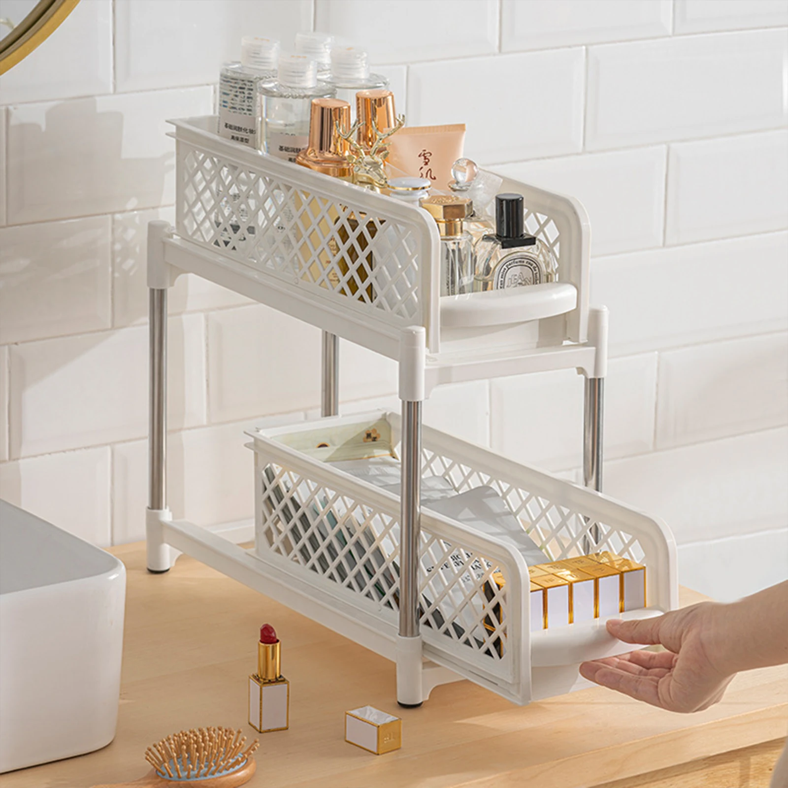 2-Tier Under Sink Organizer Kitchen Drawer Bathroom Storage Racks Multi-Use Slide-Out With Handles Under Sink Cabinet Organizers