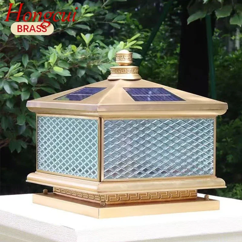 Hongcui Outdoor Solar Post Lamp Vintage Creative Chinese Brass  Pillar Light LED Waterproof IP65 for Home Villa Courtyard