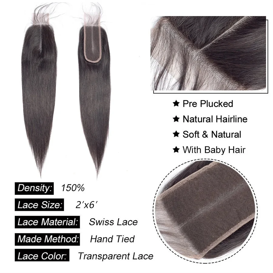 Straight 4x4 Transparent Swiss Lace Closure 13x4 Lace Frontal Human Hair Natural Hairline 2x6 Closure Only Melt Skins Remy