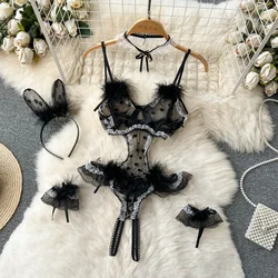 Women Sexy Erotic Lingerie V-Neck Strap Polka Dot Transparent Lace Bodysuit Hot Sleepwear Catsuit Cosplay Uniform Bow Playsuit