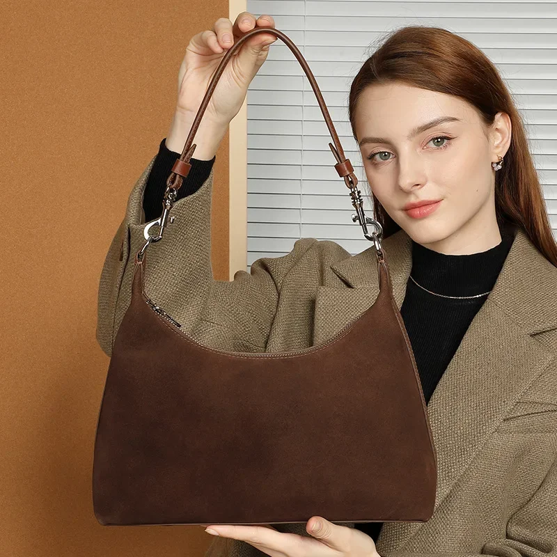 Winter Nubuck Genuine Leather Retro Women's Underarm Bag Girls Fashion Large Commuter Shoulder Bags Simple Female Handbags Purse