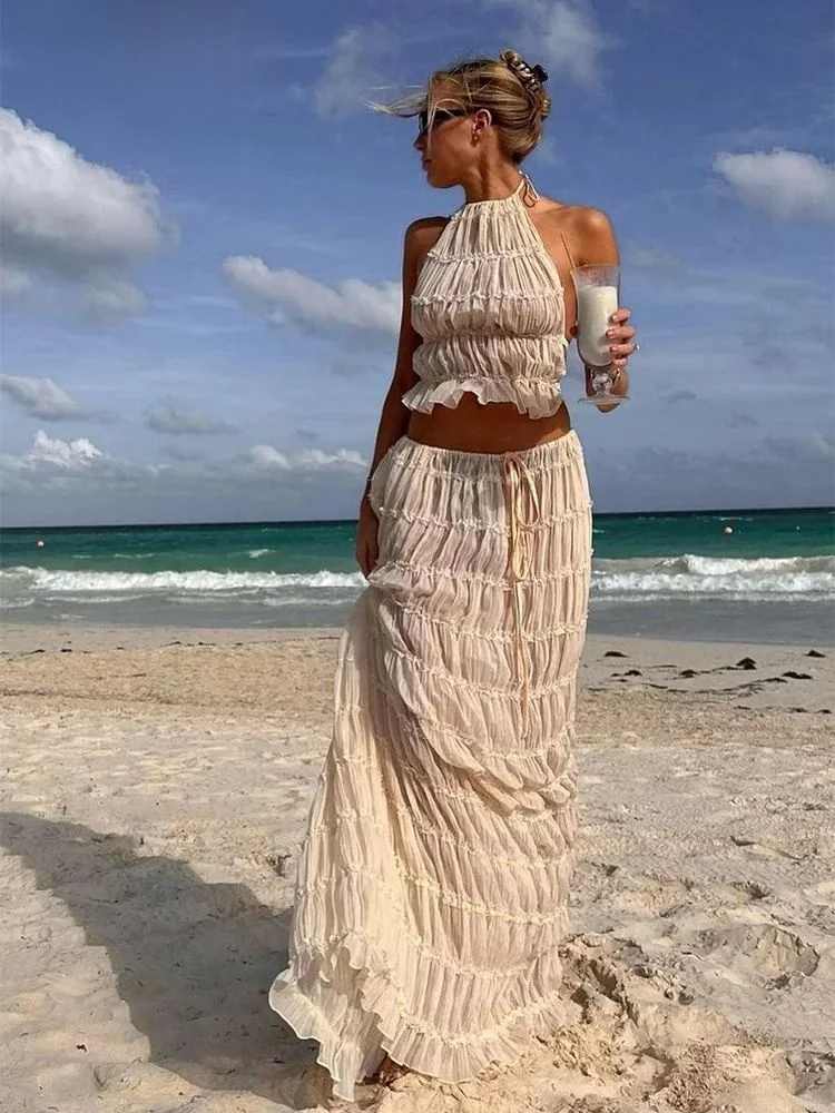 섹시한 테르 폴드 탑 롱 스커트 세트 여성용 시스루 레이스 가을 2024 캐주얼 스포츠웨어 앙상블