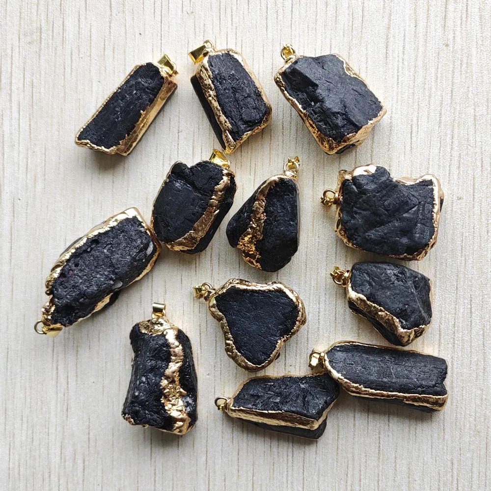 Natural Black tourmaline gold color side Healing irregular pendants findings diy jewelry making 12pcs wholesale free shipping