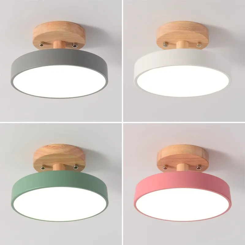 

Nordic Round Macaron LED Ceiling Lamp Surface Mounted Wood Base Entrance Hallway Corridor Stair Indoor Home Ceiling Decor Light