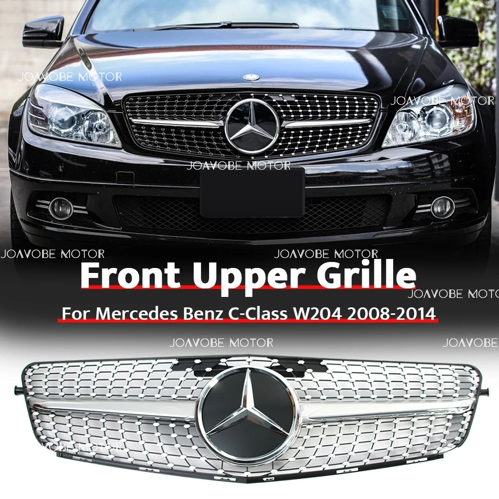 

Chrome Silver Diamonds Style Front Grille W/Chrome Silver Newest 3D Emblem For Mercedes Benz C-Class W204/S204/C204 2008-2014